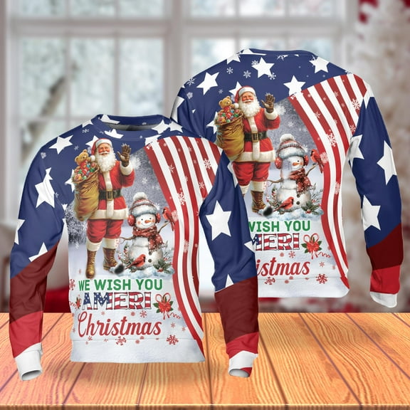 Patriotic Santa Christmas Sweatshirt, We Wish You Ameri Christmas USA Flag Crewneck, Festive Holiday Pullover for Men Women