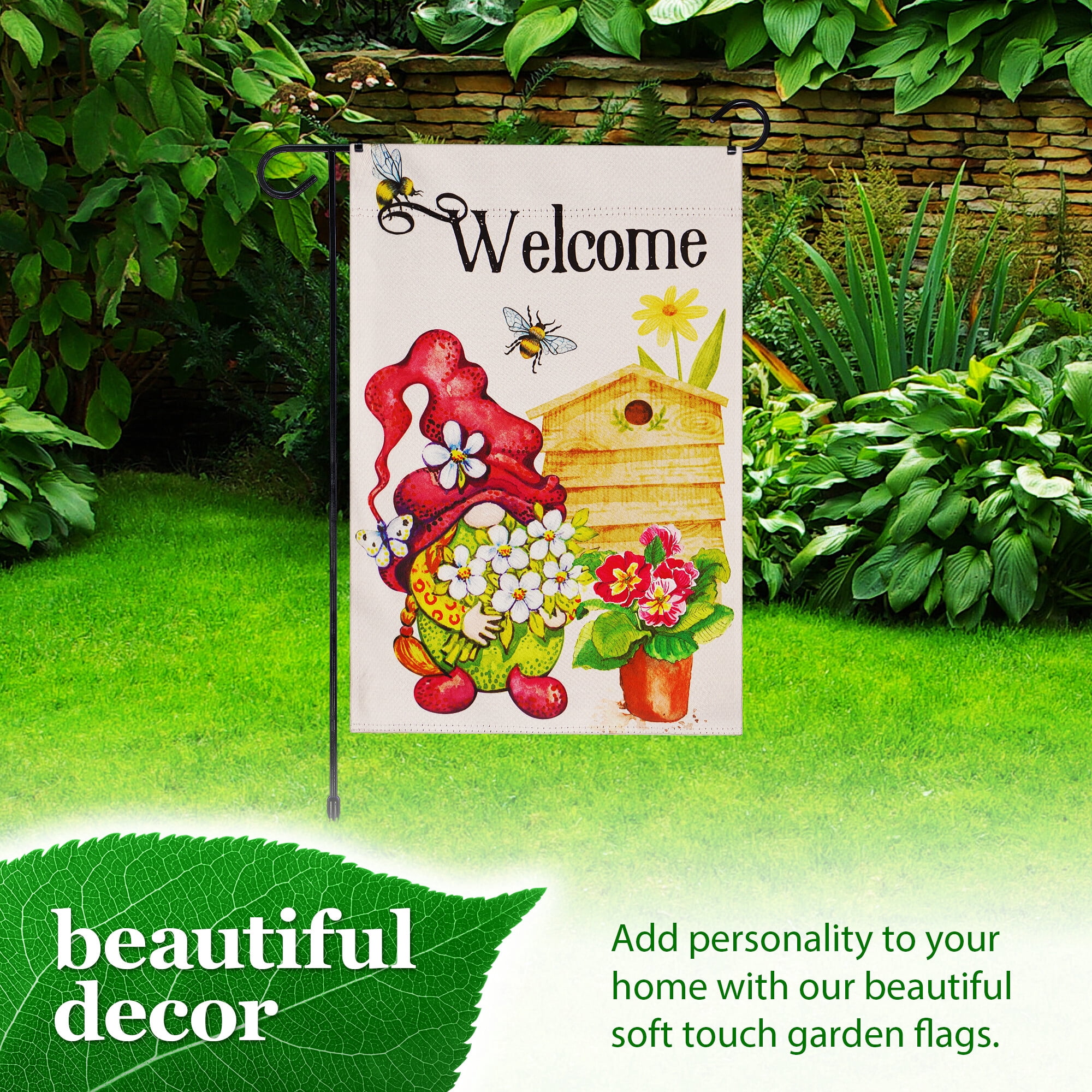 G128 Combo Pack: Garden Flag Stand Black 36 in x 16 in & Garden Flag Spring Decoration Welcome Gnome with Flowers 12"x18" Double-Sided Blockout Fabric