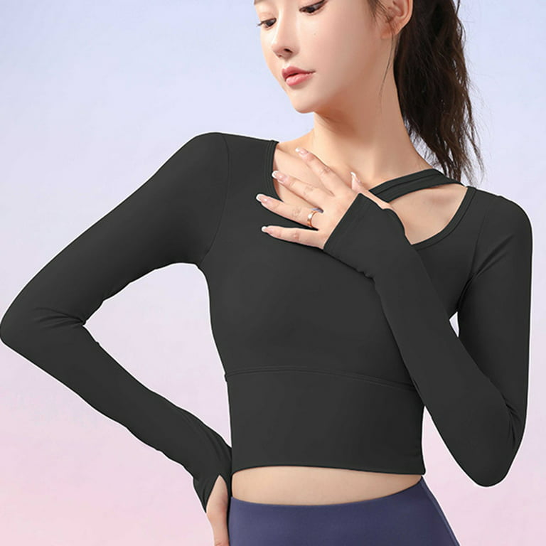 IROINID Deals Dry Fit Shirt Women Long Sleeve Gym Clothes for Women Quick  Dry With Chest Pad Fixed Integrated Round Neck Cover Head Running Sports