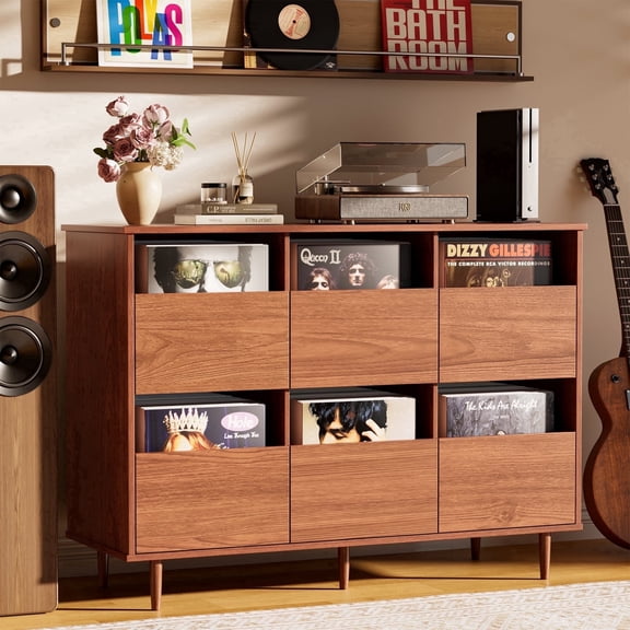 BROTTAR Large Record Player Stand with Vinyl Storage, Mid Century Record Storage Cabinet with Drawers for Living Room, Bedroom, Rustic Brown