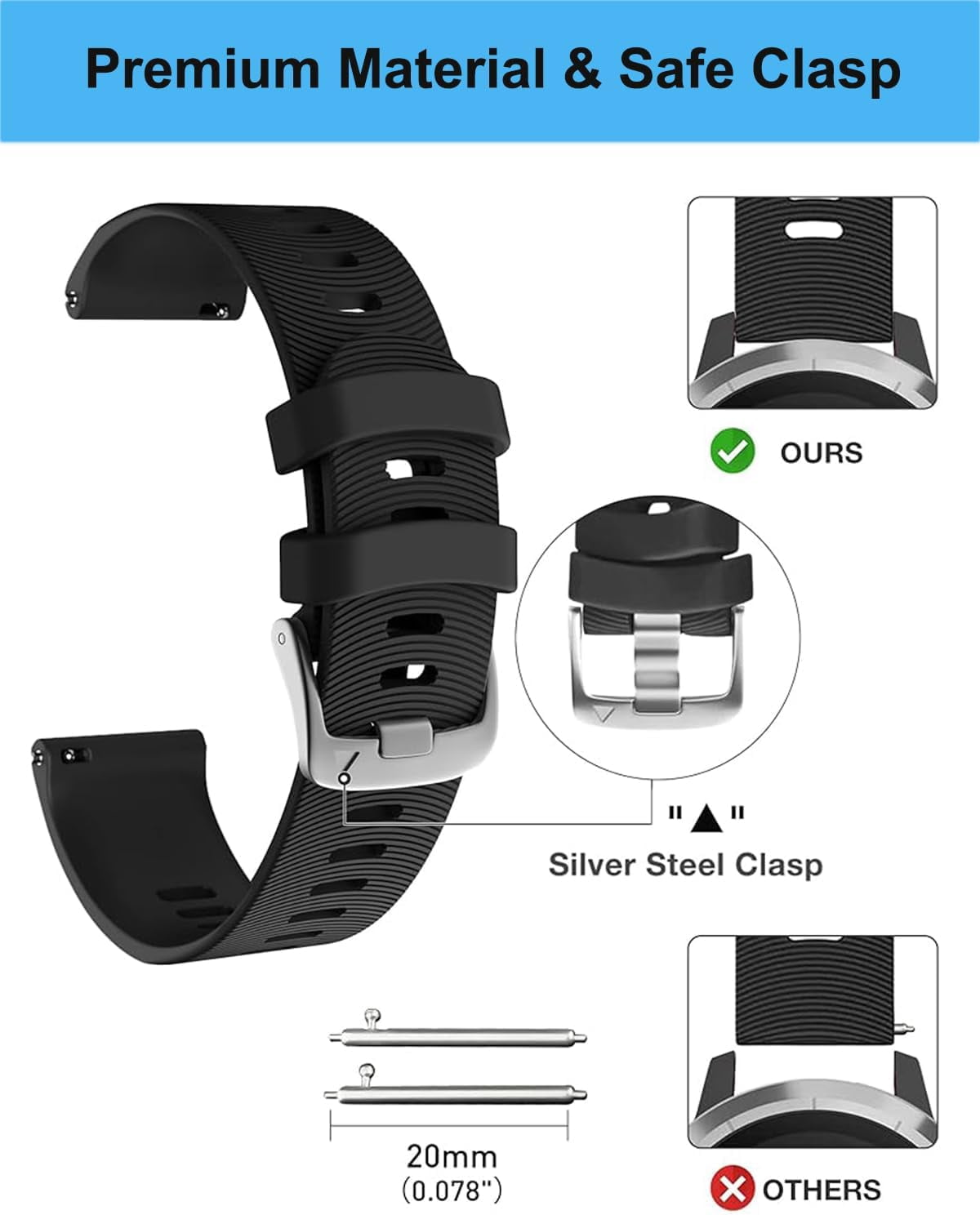 CRKMGS-Compatible with Garmin Forerunner 245 Watch Band, 20mm Sport Strap for Vivoactive 6 / Vivoactive 5, Venu/Venu SQ Smartwatch Replacement Watch Bands + Dust Plug