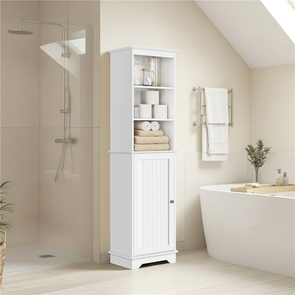Yaheetech Tall Bathroom Floor Cabinet with Single Door and Shelves, White