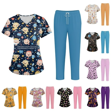 Minjewel Women s Plus Size Printed V-Neck Scrubs for Women with Pockets Colorful Animal & Floral Pattern Scrub Set for Healthcare Workers Black S