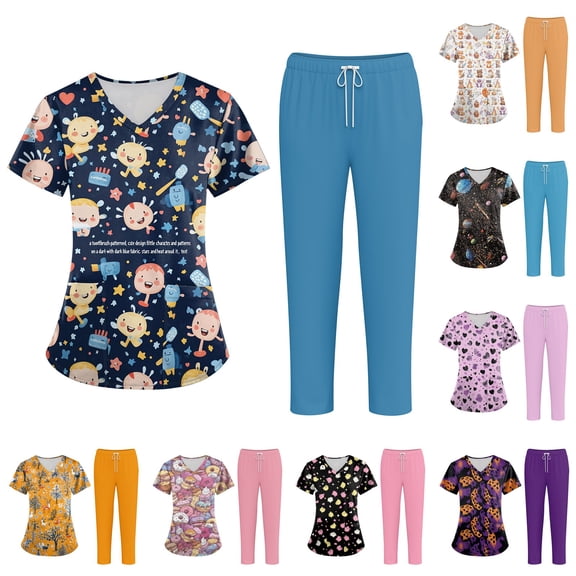 Minjewel Women's Plus Size Printed V-Neck Scrubs for Women with Pockets, Colorful Animal & Floral Pattern Scrub Set for Healthcare Workers,Black L