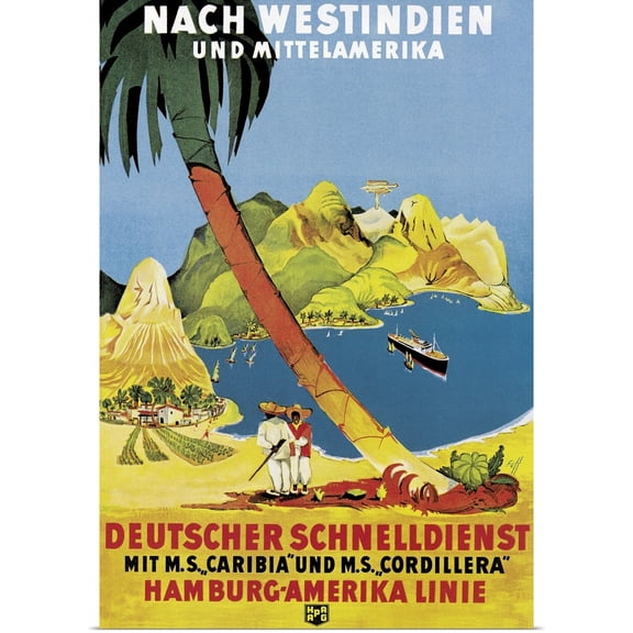 Great BIG Canvas | Rolled German School Poster Print entitled Poster advertising 'Hamburg-Amerika Linie' routes to the West Indies