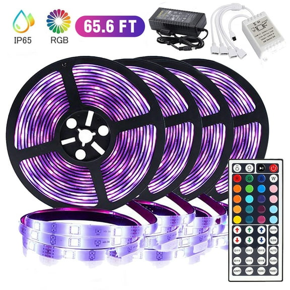 65.6ft LED Strip Lights, Ultra-Long RGB 3528 LED Strips with Remote Controller, Color Changing Tape Light with 12V Listed Adapter for Bedroom, Room, Kitchen
