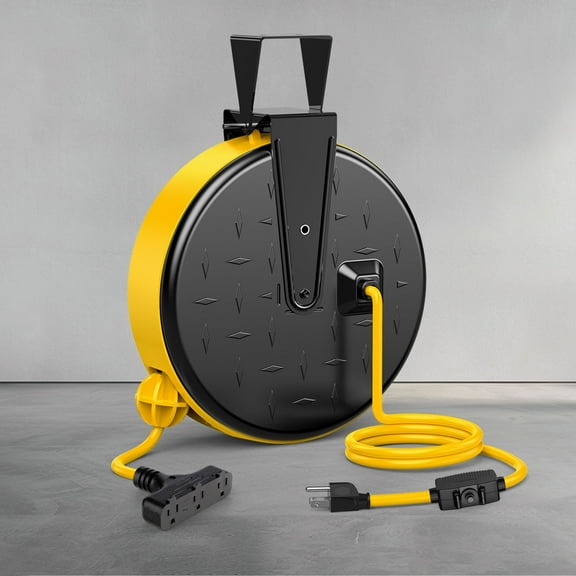 DEWENWILS 30 Ft Retractable Extension Cord Reel, Ceiling/Wall Mount 16/3 Gauge SJTW Power Cord with 3 Electrical Outlets Pigtail for Garage and Shop, 10 Amp Circuit Breaker, Metal Plate, UL Listed