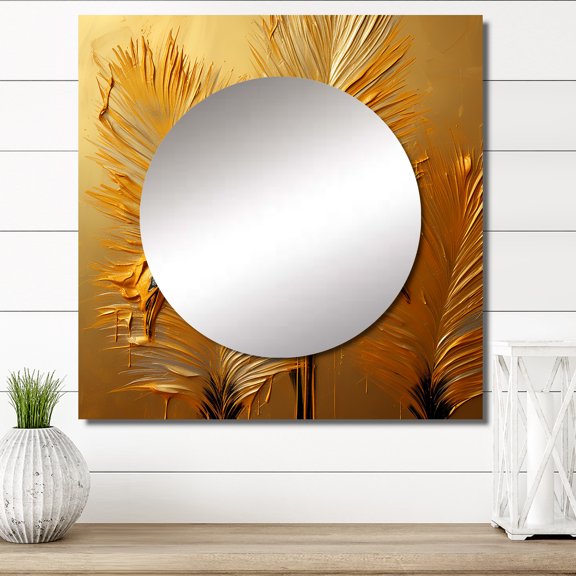Designart "Ostriches Adorned in Golden Feathers I" Ostriches Square Mirror For Wall Decor - Large Gold Square Printed Wall Mirror Art - Square Modern Mirror - Wall Mounted Square Large Mirror