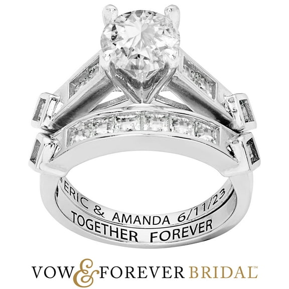 Vow & Forever Personalized Planet Bridal Platinum over Sterling Silver Brilliant White Topaz 2 Piece Engraved Wedding Set ,Women's