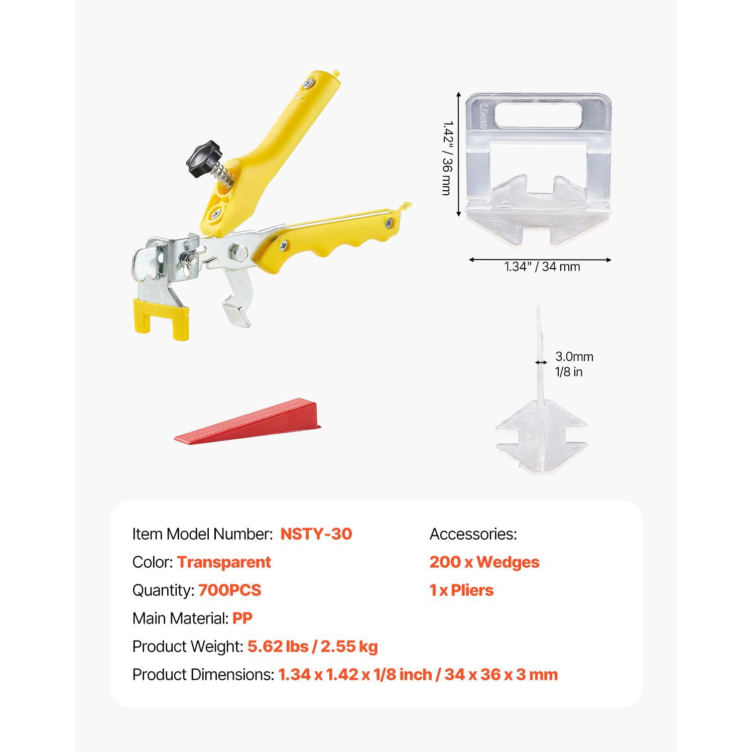 Tile Leveling System Kit 700pcs 1/8" Spacers, 200 Wedges, Tile Pliers, PP Material, Reusable Wedges, for Floor Wall Tile Installation