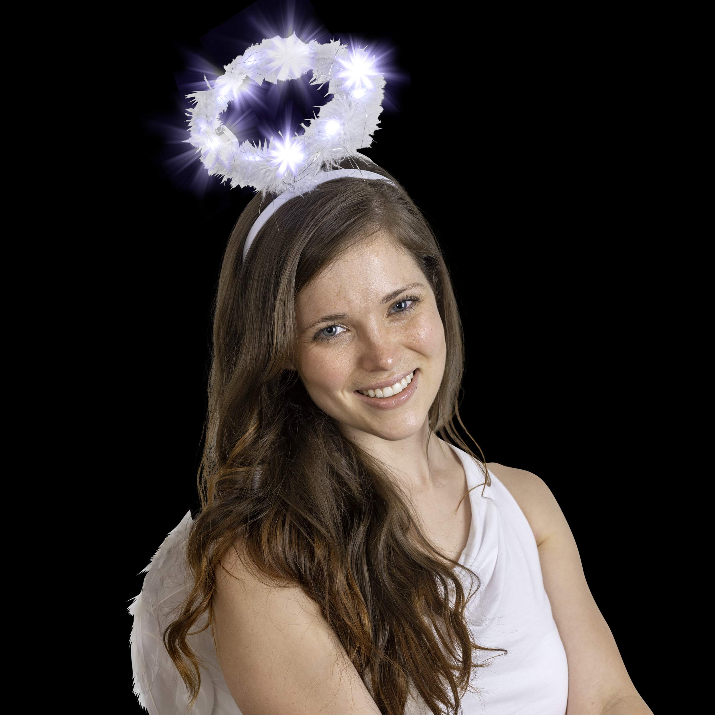 Skeleteen Light Up Angel Halo - White Feather Fluffy LED Halo Headband Accessories for Angel Costumes for Adults and Kids Images Skeleteen Light Up Angel Halo - White Feather Fluffy LED Halo Headband Accessories for Angel Costumes for Adults and Kids