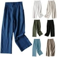 thumbnail image 3 of XFLWAM Womens Linen Cotton Pants Half Elastic High Waist Straight Leg Loose Fit Solid Color Trousers Casual Dressy Comfy Summer Bottoms, 3 of 3