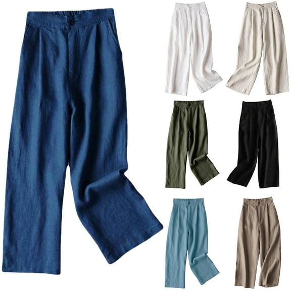 lcziwo Cotton Linen Pants for Women Elastic Waist Comfy Casual Wide Leg Pants Lightweight Summer Palazzo Pants with Pockets Army Green XXXL