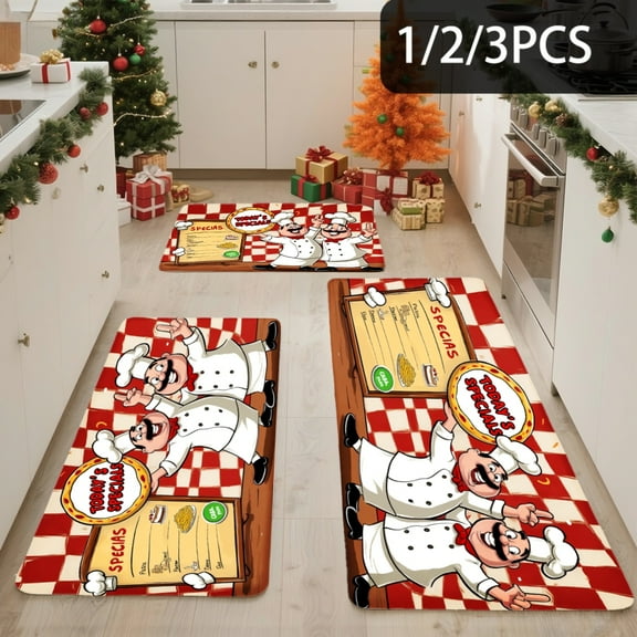 3PCS Kitchen Mat set, Welcome Door Flannel Rug,Home Decor for Front Door,Kitchen, Bathroom, Chef Pattern On Red Background ,Great gift for Family and Friends.