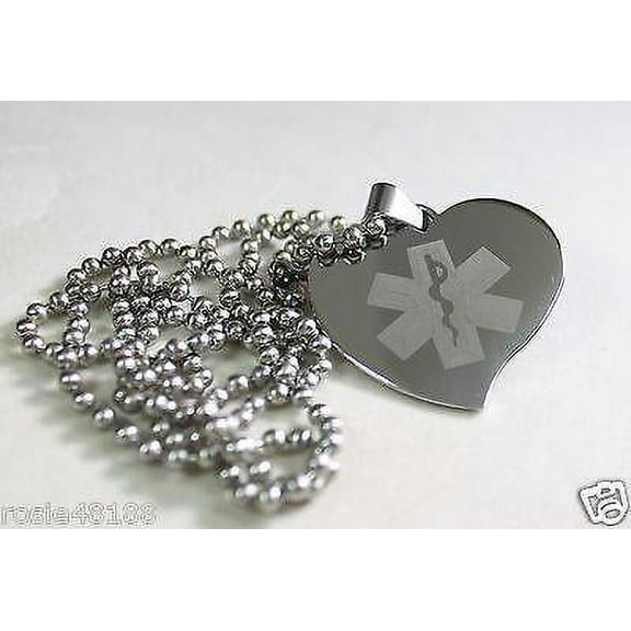 TEAR DROP HEART MEDICAL ALERT STAINLESS STEEL PENDANT TAG NECKLACE