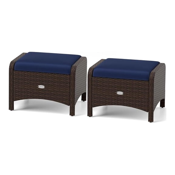 Wicker Outdoor Ottomans for Patio - Set of 2 Rattan Footstools w/Removable Cushions, Multipurpose Outside Foot Rest, Side Table & Additional Seating for Porch Garden Backyard (Navy)