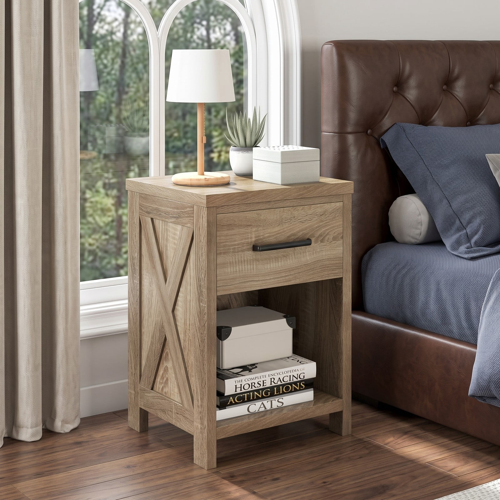 Furnibear Farmhouse Nightstand with Drawer and Open Shelf Bedside Table with X Side Accents for Bedroom Living Room, Natural