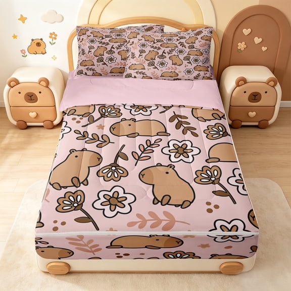 Erosebridal Cute Floral Capybara Zipper Twin Comforter Sets with Fitted Sheet and 2 Pillowcases,Rustic Plant Flower Zipper Bedding Set For Girls,Pink Reversible,4pcs