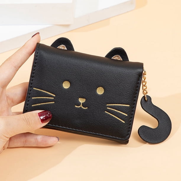 Cartera pequeña plegable para mujer, bonita cartera con diseño de gato fresco, monedero con dibujos animados para varias tarjetas, cartera para estudiantes