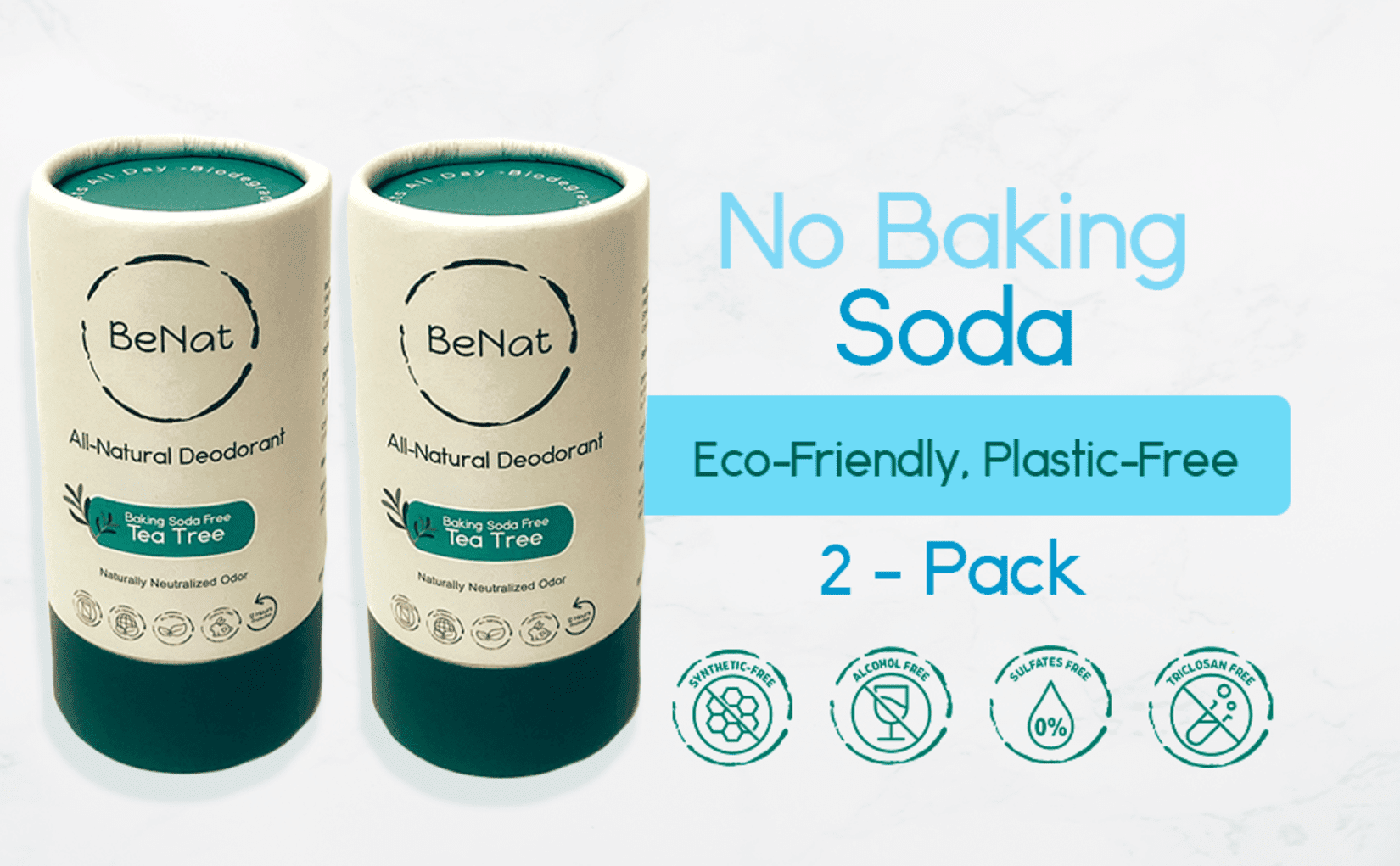 BeNat. 2-Pack. All-Natural Deodorant. Plastic-Free. Zero-Waste. No-Baking Soda & Tea Tree. Eco-Friendly. 3oz each.