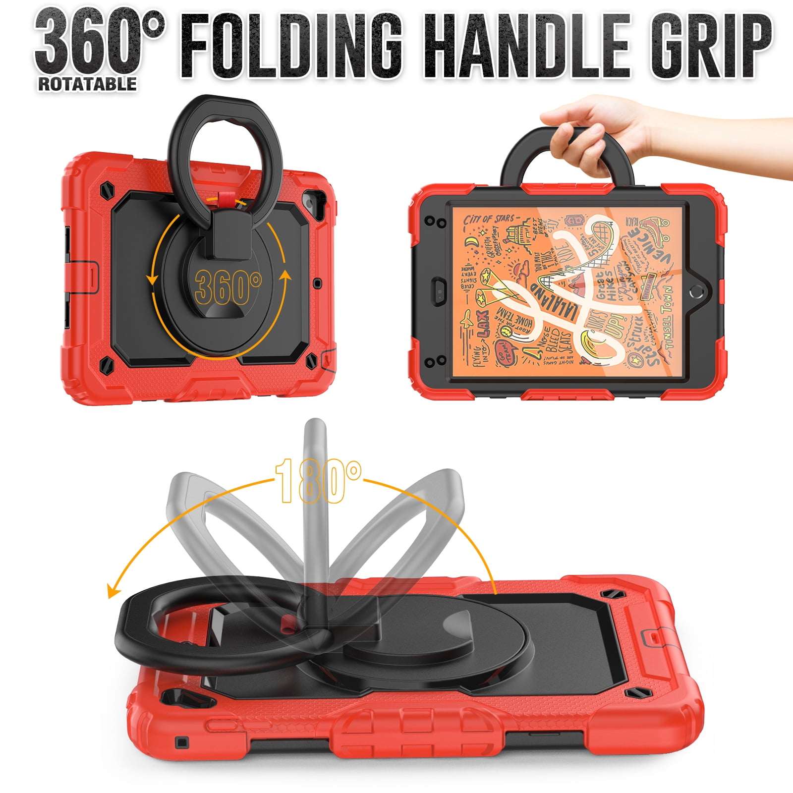 Dteck iPad mini 5 Case / iPad mini 6 Case with Built in Screen Protector, Child Proof Heavy Duty Shockproof Kids Case with Rotating Stand Handle Pencil Holder for iPad mini 5/4 7.9", Red