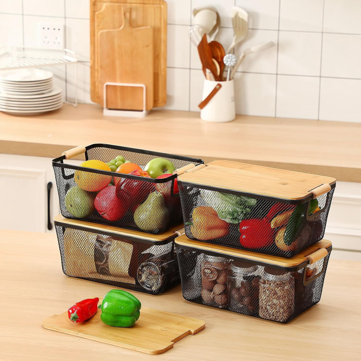 4 Pcs Metal Wire Basket with Wooden Handles and Bamboo Lids 12.2 x 8.27 x 5.51" Mesh Steel Basket Stackable Storage Bins Organizer Containers for Vegetables Fruit Home Cabinet Pantry(Black)