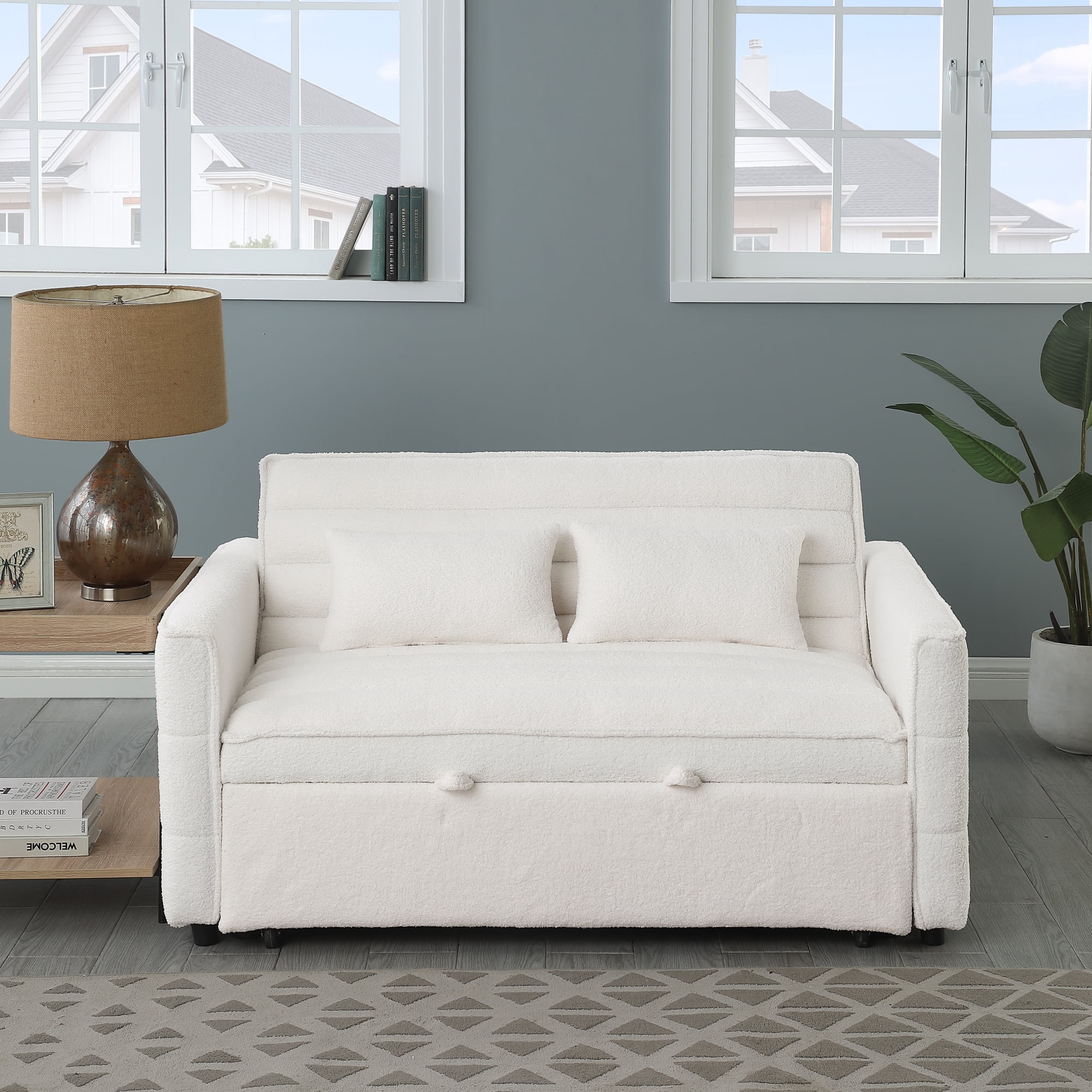 55" Convertible Sleeper Sofa Bed,Modern Boucle 3 in 1 Sleeper Sofa Couch Bed with 2 Pillows and Adjustable Backrest,2-Sater Sofa for Living Room, Bedroom,Beige