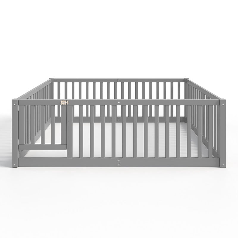 Bellemave Full Montessori Bed Frame, Wood Full Size Floor Bed with High Fence Rails, Full Beds Frame for Bedroom Playroom(Gray)