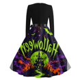 thumbnail image 6 of Women's Halloween Dress Bat Printed Long Sleeve Spooky Tea Length Dress Skeleton Hepburn Crew Neck Fall Swing Dress with Belt M, 6 of 6