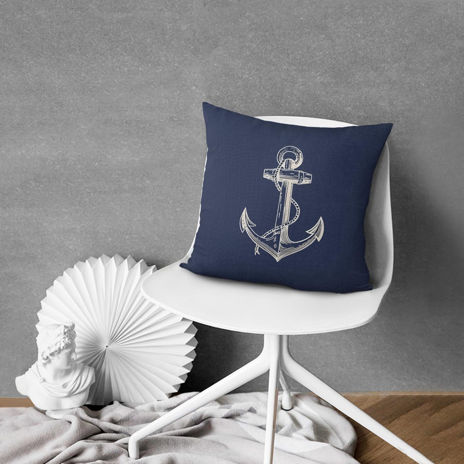 Set of 2 Navy Blue Nautical Throw Pillow Covers 16x16, Coastal Ocean Anchors Throw Pillow Cases, Decorative Linen Cushion Cases for Couch Sofa Living Room Home
