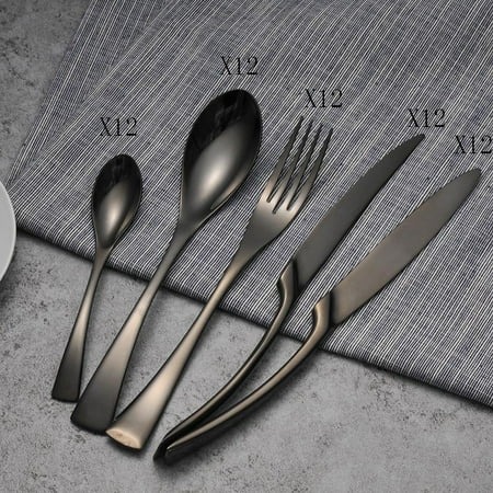 

4PCS Set Black Stainless Steel Cutlery Korean Dinnerware Set Gifts Mirror Polishing Silverware Sets Scoop Knife and Fork Sets Black 24PCS