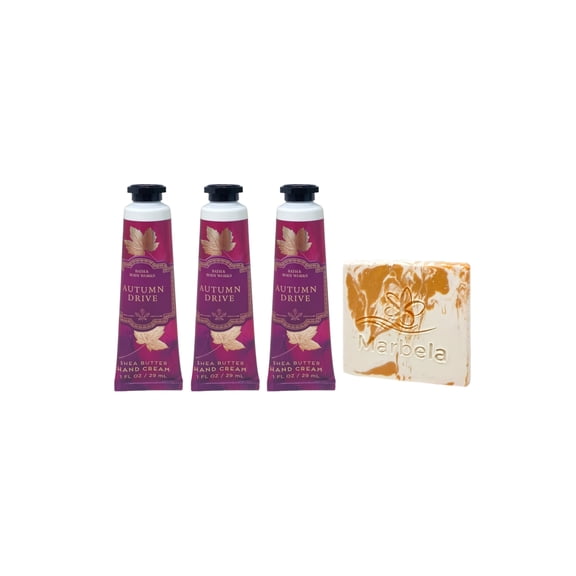 Bath & Body Works Autumn Drive 3 Hand Creams with a Peach Gardenia Mini Soap