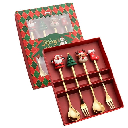 

2025 Hot Sale! FNGZ Gold Tableware Christmas Spoon and Fork (Old Man Spoon + Round Tree Fork + Elk Spoon + Sock Fork) Four-Piece Set Red Box Stainless Steel Bowl Tableware 1 Set of Tableware