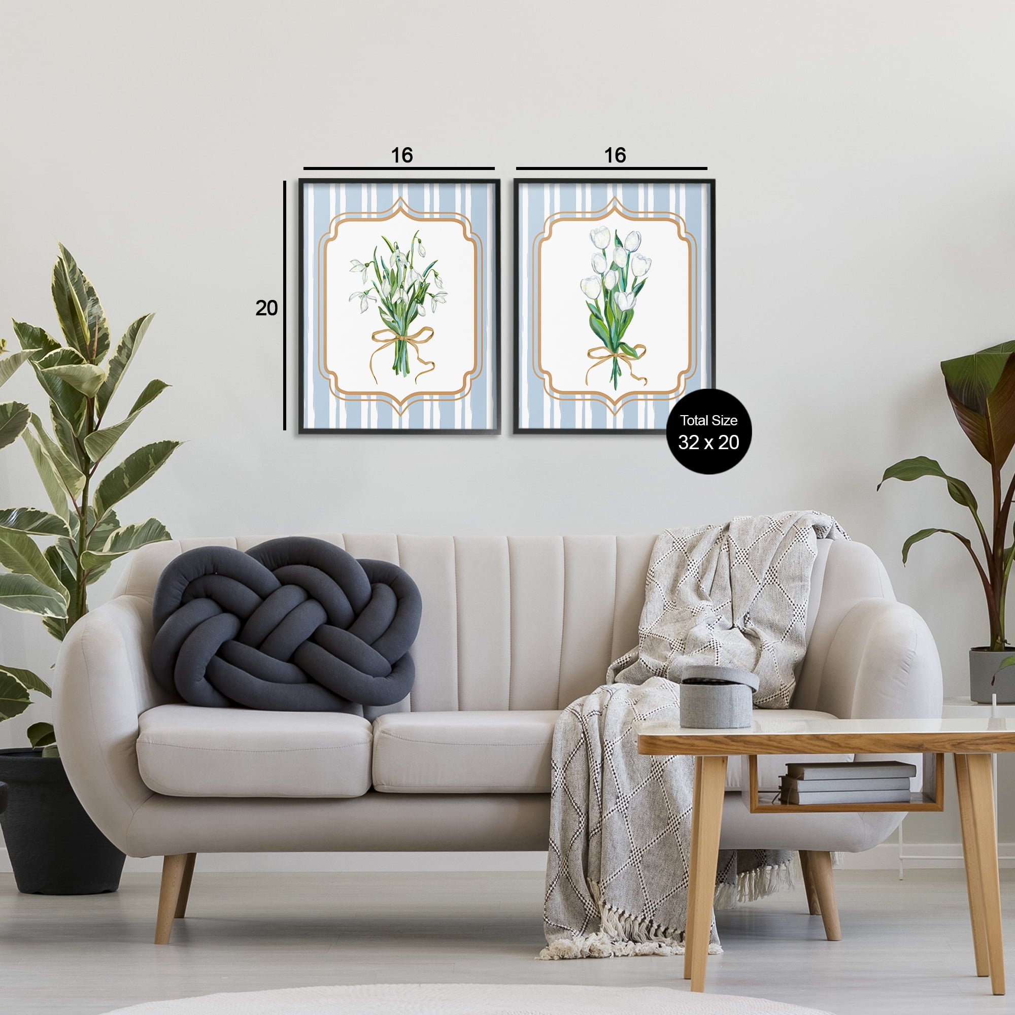 White Flowers Classic Stripes 2 Piece Black Framed Giclee Art Set, design by Adonna Ebrahimi