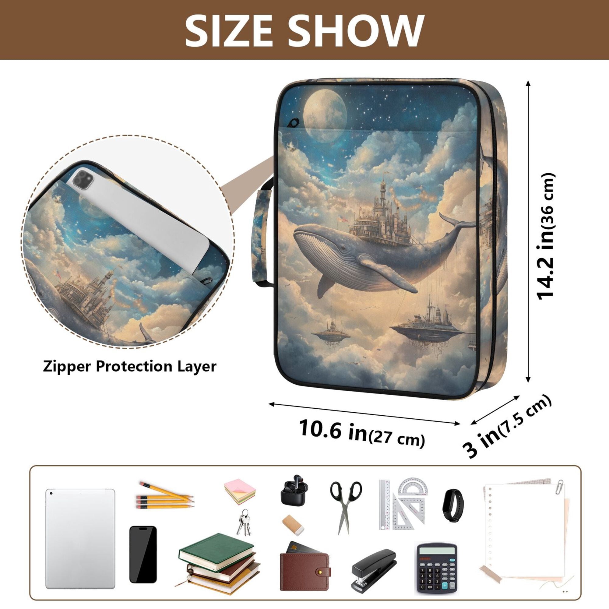 FORMRS Accordion File Folder A4 Size 7-Pocket Expanding Document Organizer Bag with 3 Ring Binder, Floating Whale