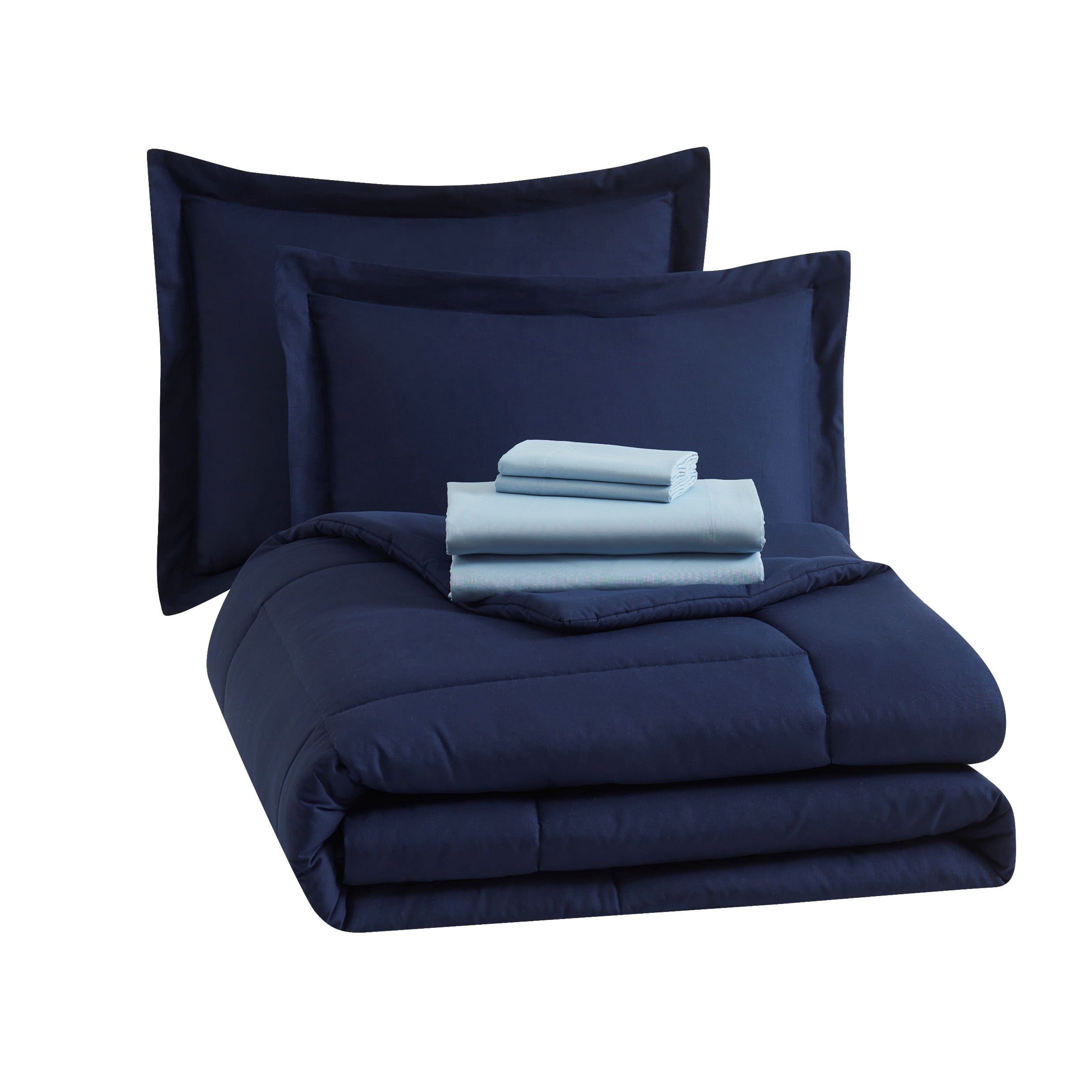 Mainstays All in One Reversible Comforter and Sheet set- 7 Piece, King, Navy