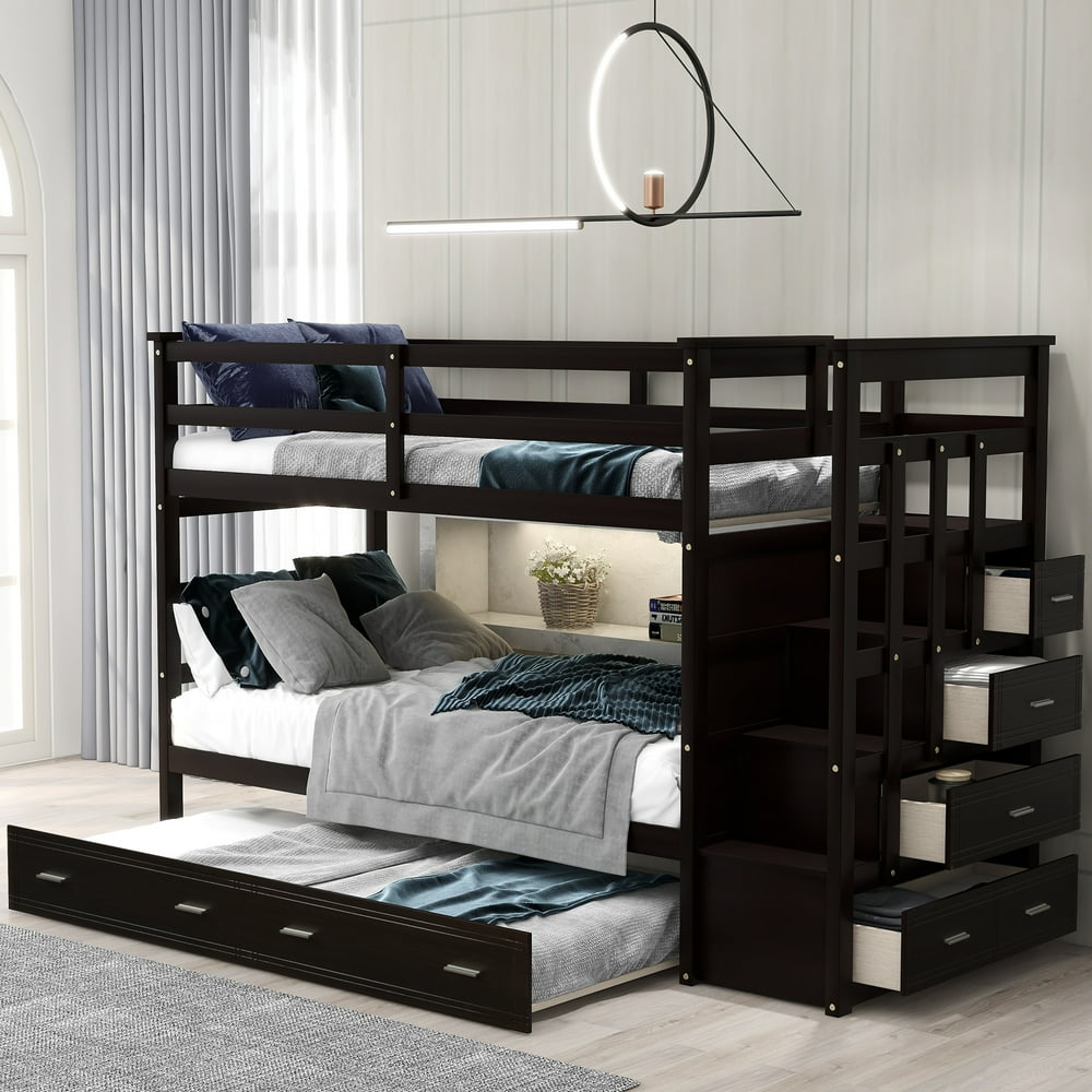 EUROCO Twin over Twin Bunk Bed with Trundle Storage Drawers, Espresso