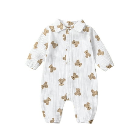 

Newborn Baby Girls Boys Romper Bear Print Button Down Long Sleeve Bodysuits Spring Fall Casual Clothes