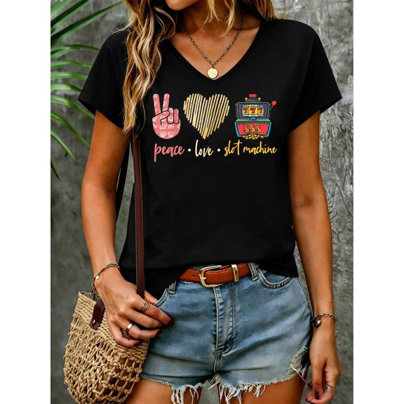Peace Love Slot Machine, Lucky Las Vegas Casino Game V Neck T-Shirt Cotton Women's V Neck Graphic Tee, Casual Short Sleeve Shirt,Vacation Outfit