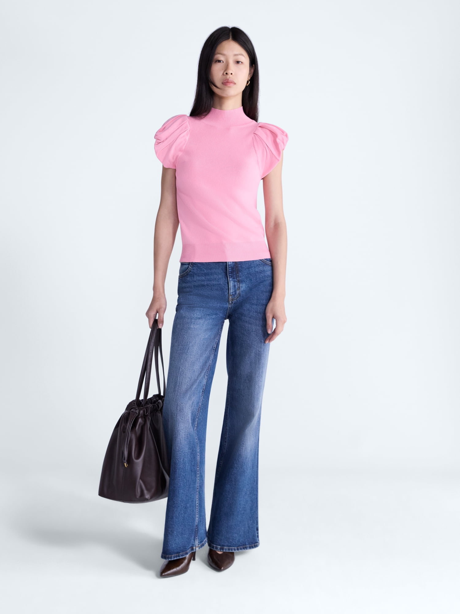 Scoop Women's Mock Neck Top with Bubble Cap Sleeves, Sizes XS-XXL