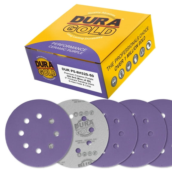 Dura-Gold 320 Grit 5" Purple Film Ceramic Sanding Discs, 8-Hole Pattern, Box of 50 - Dustless Hook & Loop Backing Sandpaper for DA & Random Orbital Sanders - Sand Auto Paint, Wood, Woodworking
