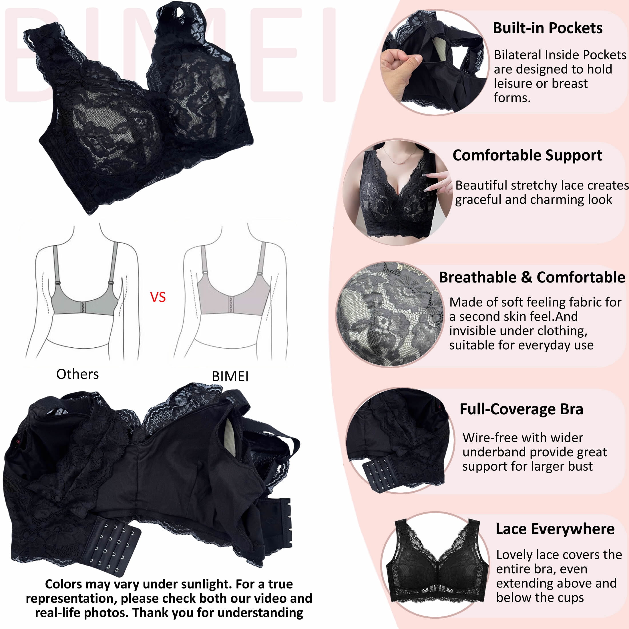 BIMEI Women's Mastectomy Pockets Wireless Post-Surgery Plus Size Full Coverage Everyday Bra 2461,Black,36C