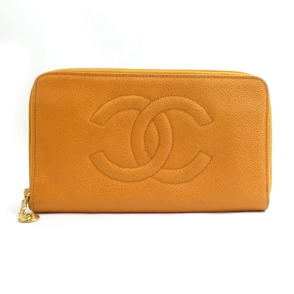 Pre-Owned CHANEL Round Long Wallet Caviar Skin Leather Orange Women's r10640a