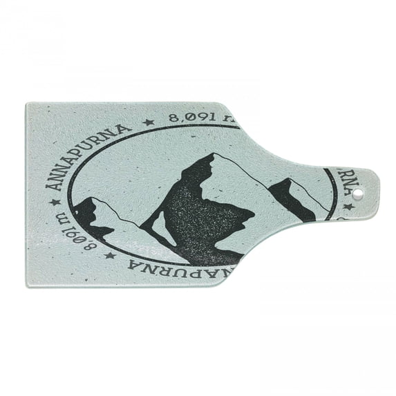 Nepal Cutting Board, Himalayan Mountains Annapurna in South East Greyscale Landscape Design, Decorative Tempered Glass Cutting and Serving Board, Wine Bottle Shape, Black Charcoal Grey, by Ambesonne