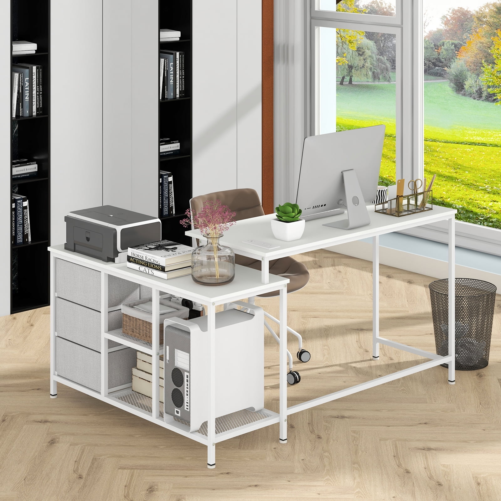 Topbuy L-Shaped Computer Desk with Drawers & Shelves 81” Convertible Home Office Desk with Charging Station White