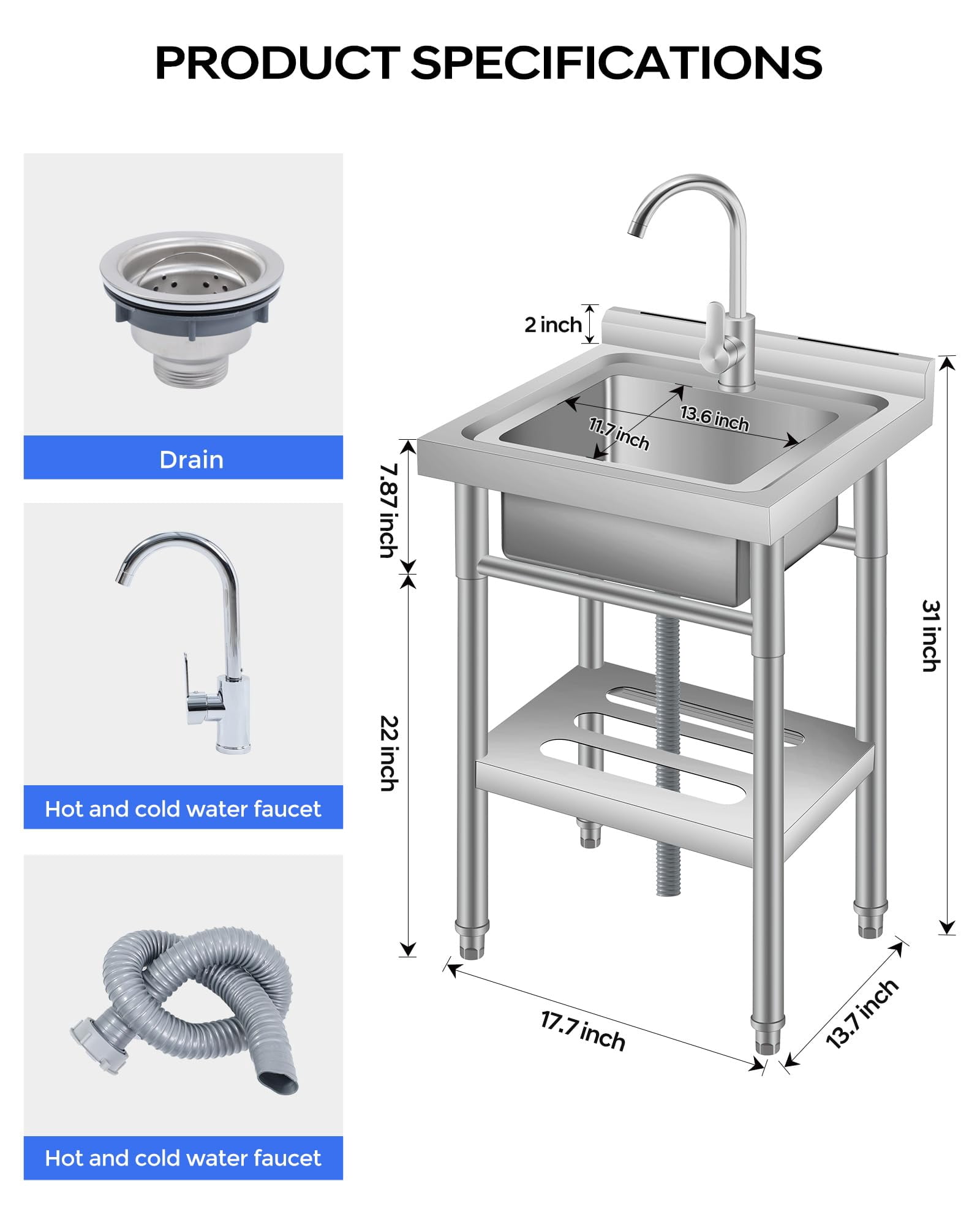 Accreate 18" FreeStanding Utility Sink with Cold and Hot Water Pipe, Single Bowl Stainless Steel Commercial Sink for Kitchen, Laundry