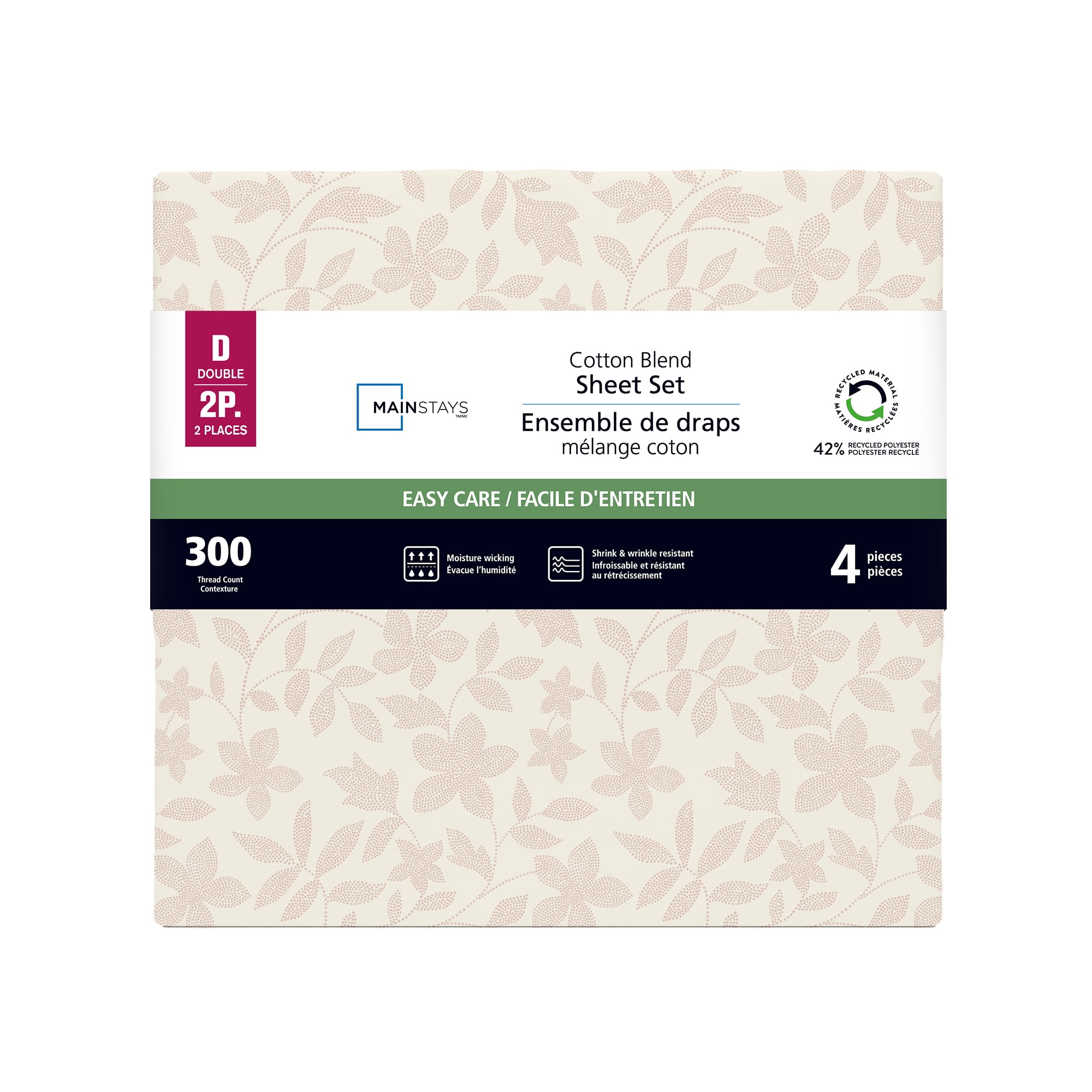 Parure de lit 4 pièces Mainstays en mélange de coton 300 nombre de fils à motif floral et CVC, pour lit double (adulte) Ensemble de draps 2 places