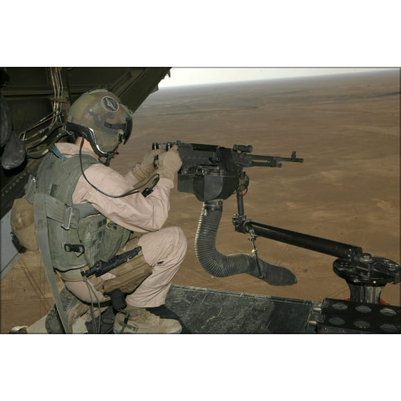 24"x36" Gallery Poster, M240 medium machine gun on the back of a MV-22 Osprey over Iraq