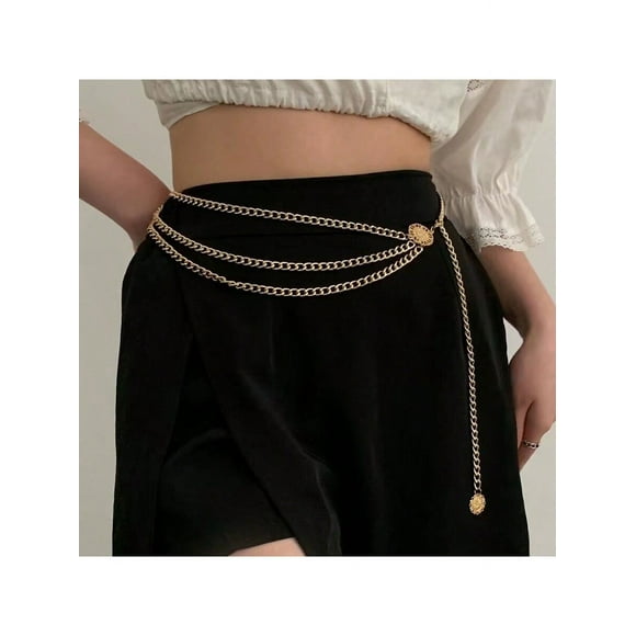 1pc Women's Simple Waist Belly Chain, Gold Color, Multi-Layered Metal Chain, Adjustable, Round Buckle, Three-Layered Chain