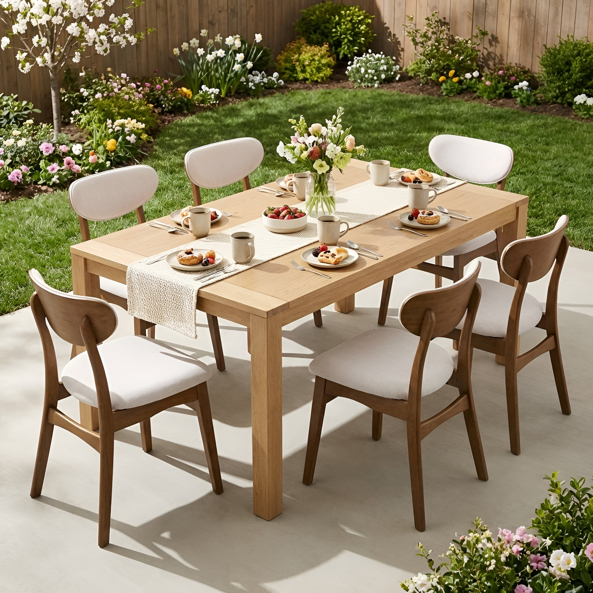 Prilinex Farmhouse Dining Chairs Set of 6, Mid Century Modern Fabric Upholstered Kitchen Chairs, Wooden Dining Room Chair with Curved Back for Kitchen Dining Room Restaurant Cafe, Beige